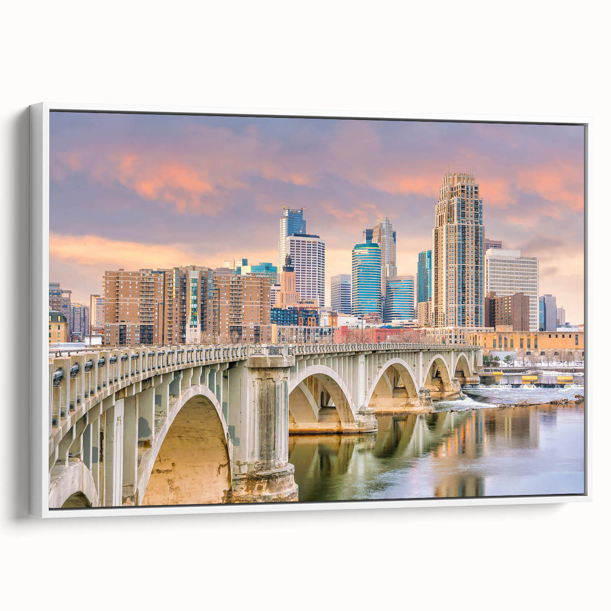 Vintage poster art of Minneapolis skyline in vibrant colors on a large framed canvas, suitable for living room decor.