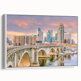 Vintage poster art of Minneapolis skyline in vibrant colors on a large framed canvas, suitable for living room decor.
