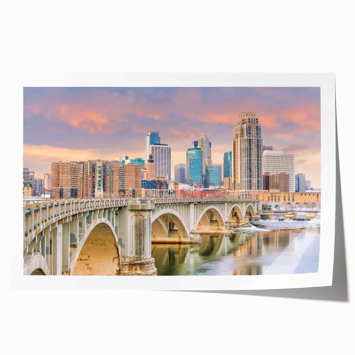 Extra large rolled print of Minneapolis skyline in muted twilight hues, ideal for dining room wall art.