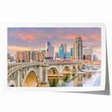 Extra large rolled print of Minneapolis skyline in muted twilight hues, ideal for dining room wall art.
