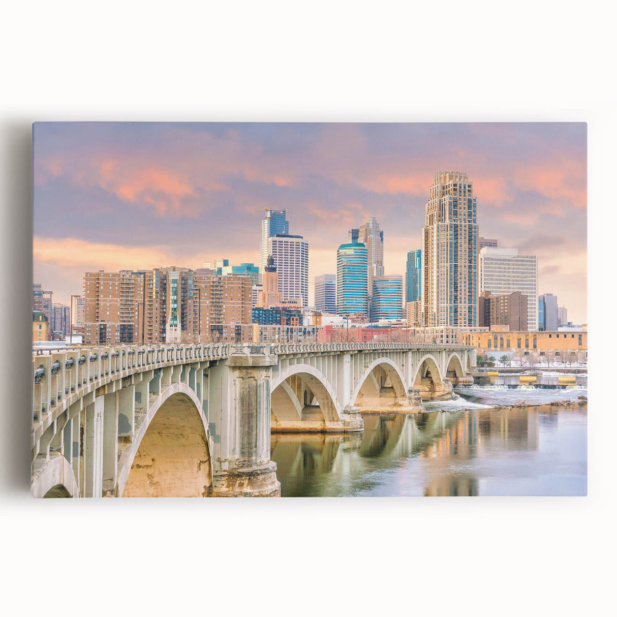 Black and white large art print of Minneapolis skyline on stretched canvas, suitable for kitchen wall art.