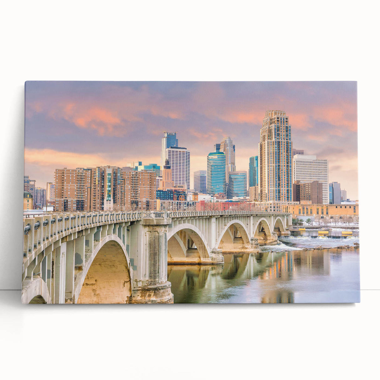 Black and white stretched canvas of Minneapolis skyline, ideal for kitchen wall art.