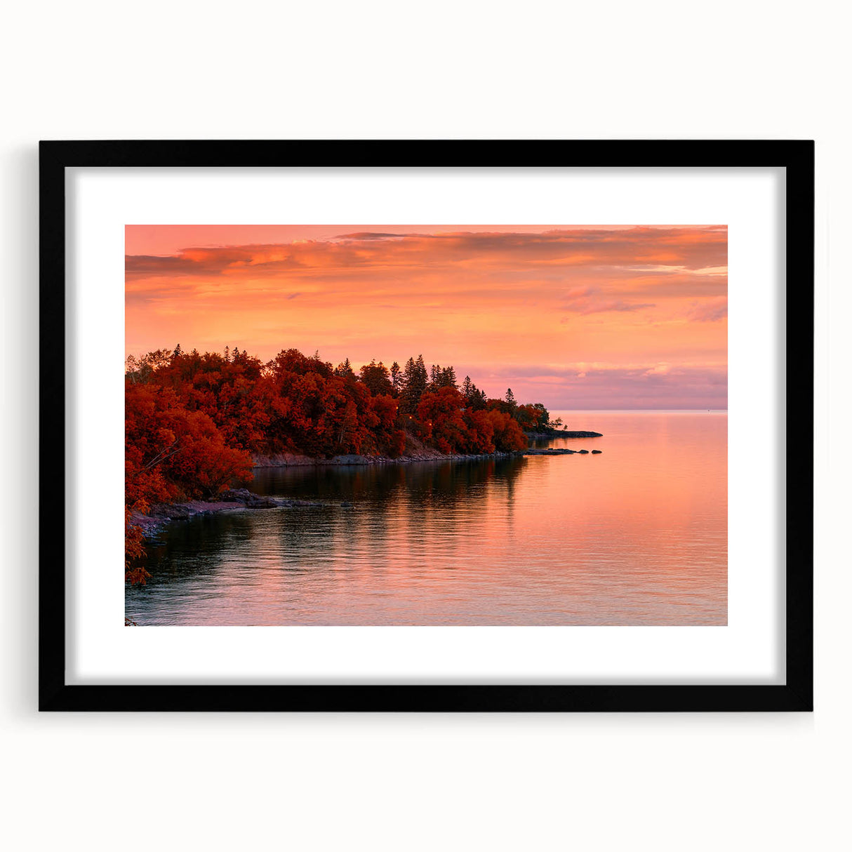 Extra large abstract art print of a colorful, textured Minnesota landscape, framed in black, ideal for living room decor.