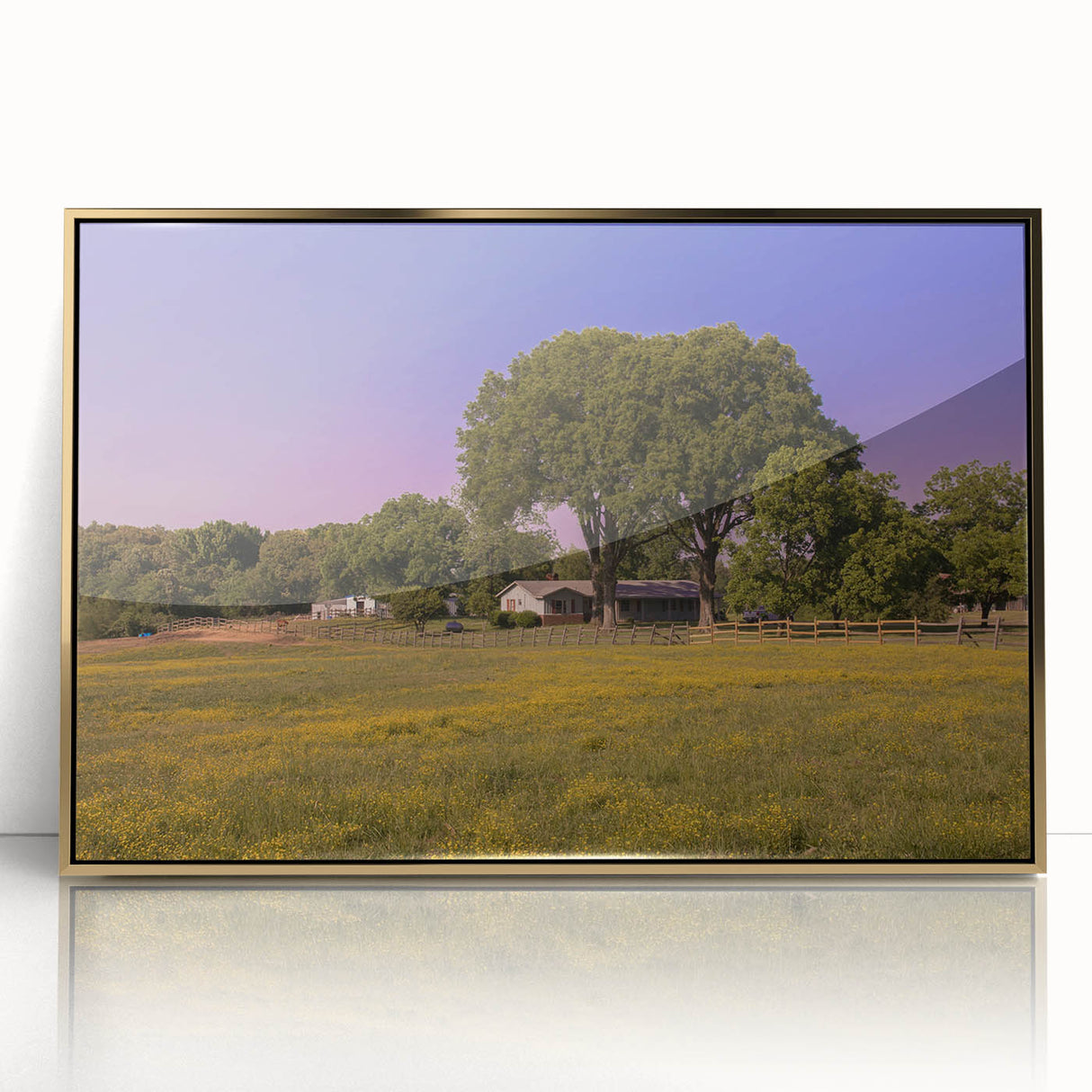 Framed acrylic print of a Mississippi landscape in mid-century modernist style, featuring muted earth tones.
