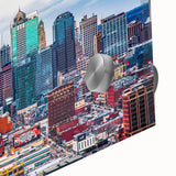 Large abstract depiction of Kansas City in muted earth tones on acrylic glass, ideal for dining room art.