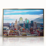 Mid-century modernist style acrylic print of Kansas City skyline in muted gold and blue tones.