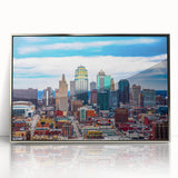 Mid-century modernist art of Kansas City skyline in muted gray and blue tones on a framed acrylic print.
