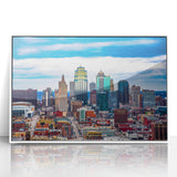 Art Deco poster of Kansas City skyline in muted gray and blue tones on a framed acrylic, ideal for modern art wall decor.