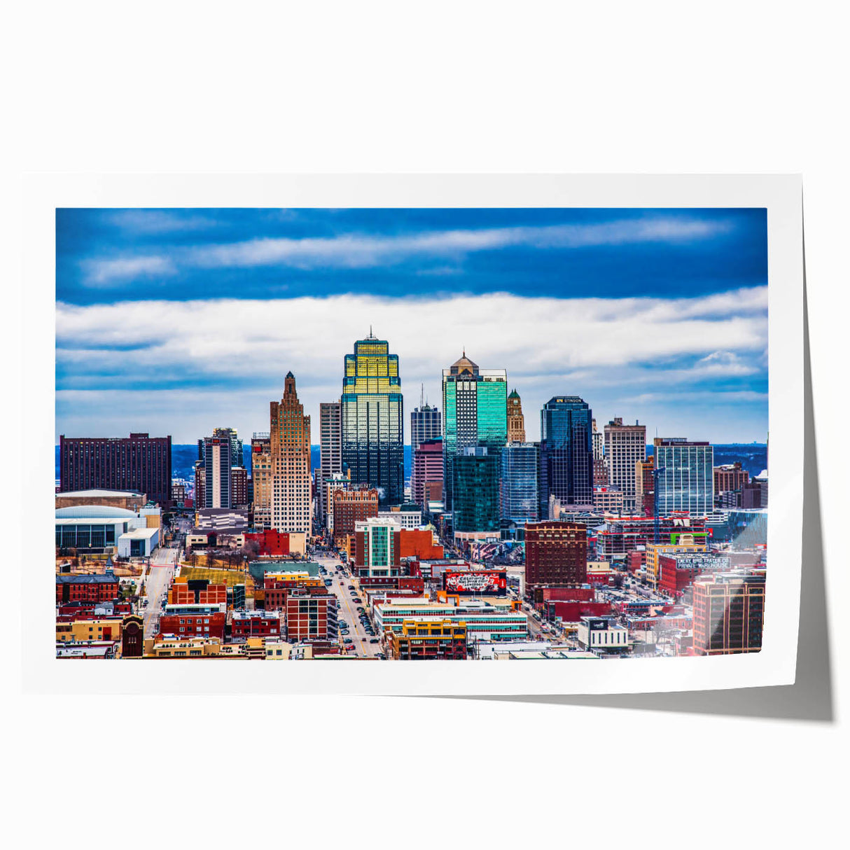 Kansas City skyline in muted gray and blue tones on a rolled canvas, ideal for art wall dining room.
