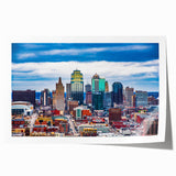 Kansas City skyline in muted gray and blue tones on a rolled canvas, ideal for art wall dining room.