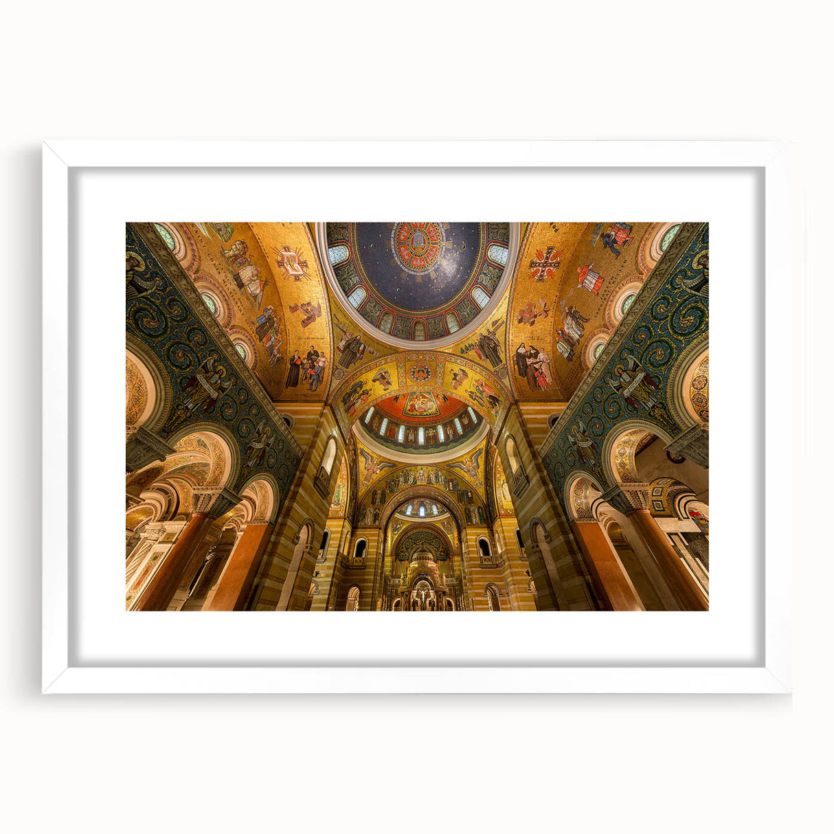 Abstract art print of the St. Louis skyline in muted blues and grays, framed in white, ideal for dining room decor.
