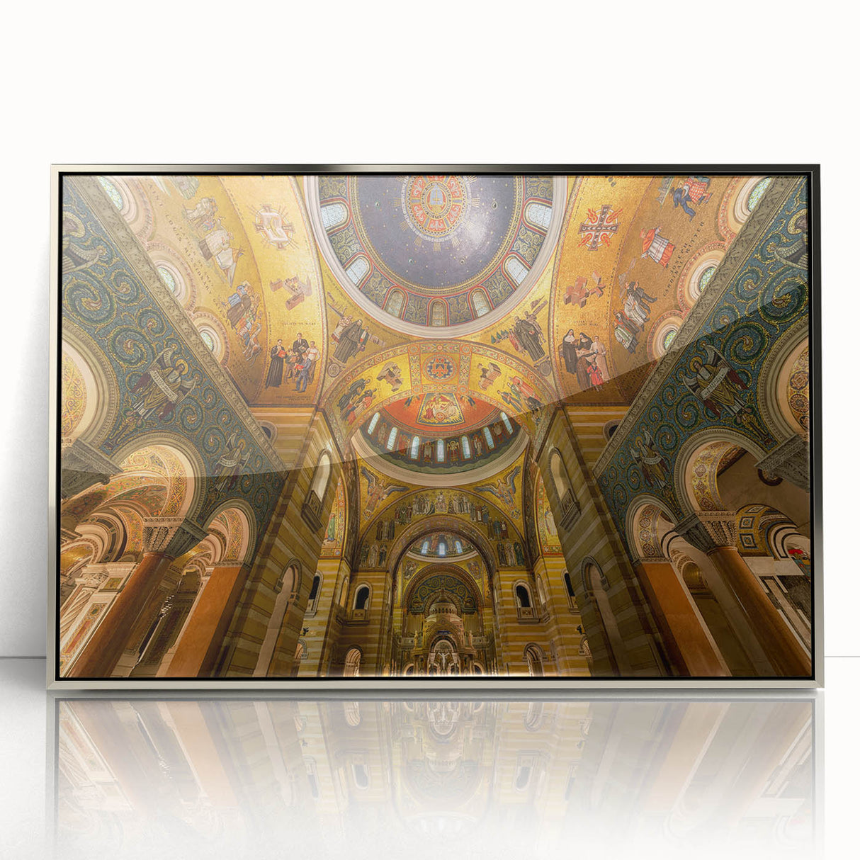 Mid-century modernist art of St. Louis skyline in muted colors on a framed acrylic, ideal for modern art wall decor.