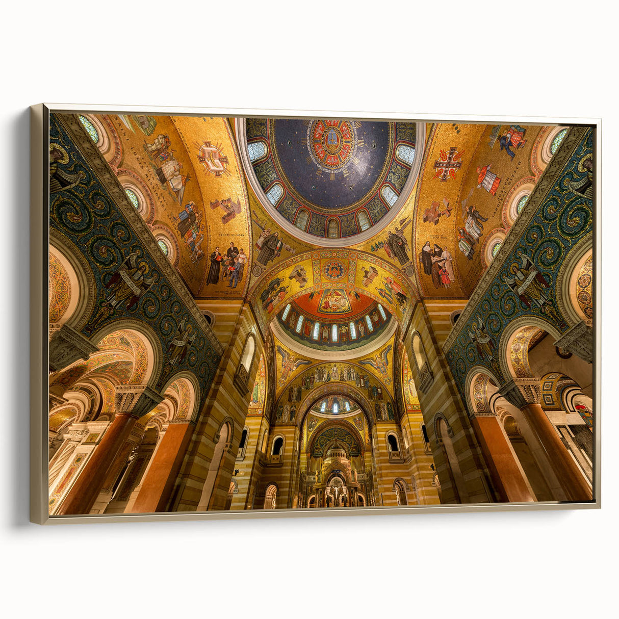 Framed canvas of St. Louis skyline in vintage poster style, featuring black and gold tones, ideal for bedroom wall art.