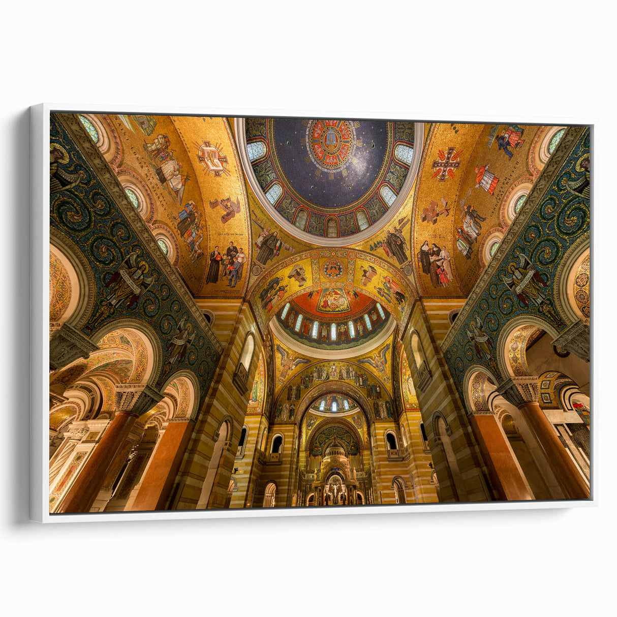 Vintage poster art of St. Louis skyline in colorful hues on a large framed canvas, ideal for living room decor.