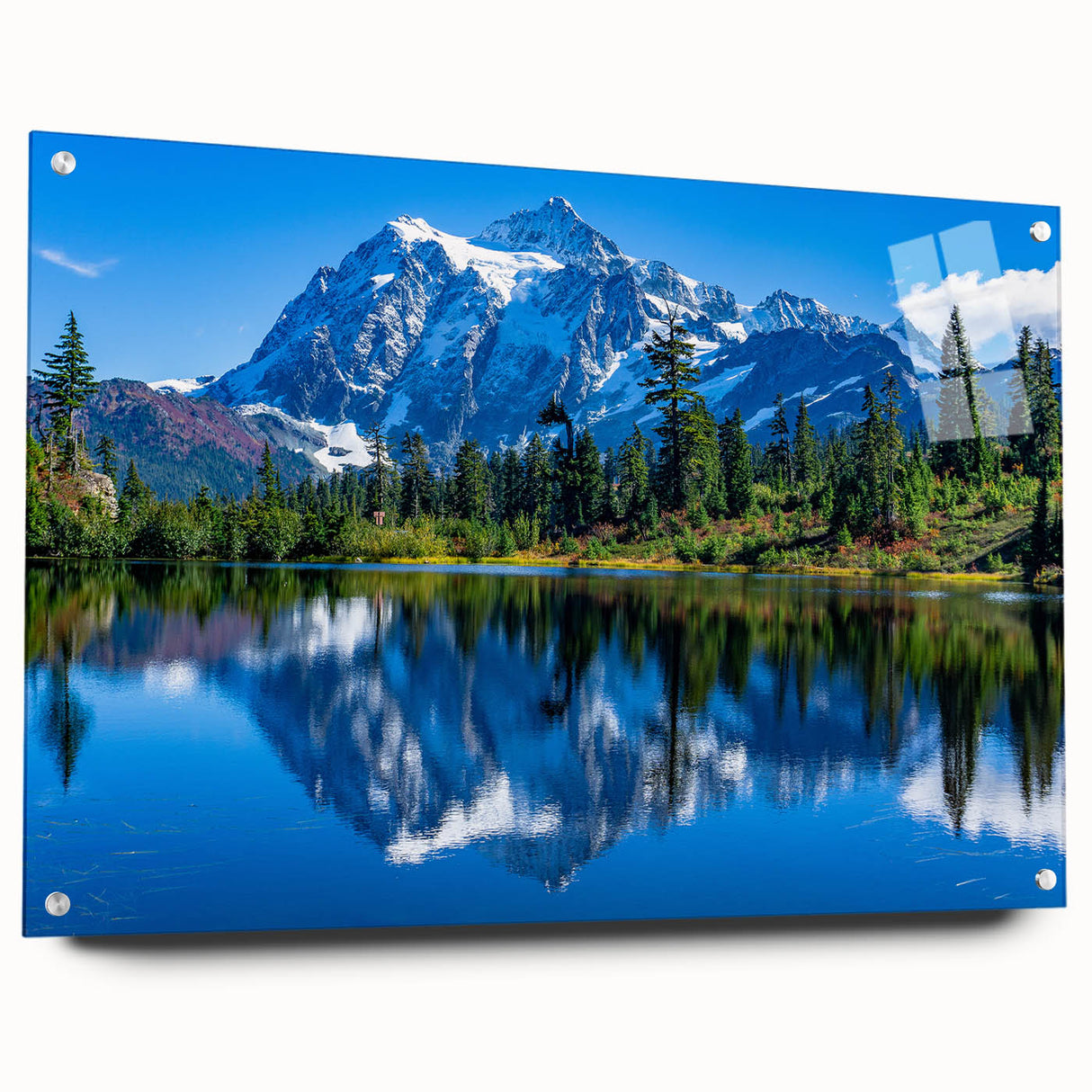 Acrylic print of Glacier National Park with muted blue and green tones, ideal for bedroom or dining room ambiance.