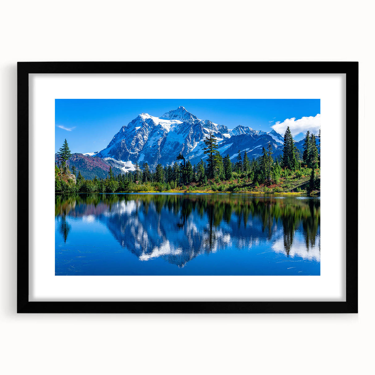 Extra large abstract art print featuring colorful, textured scenery of Montana's Glacier National Park on a framed black mat.