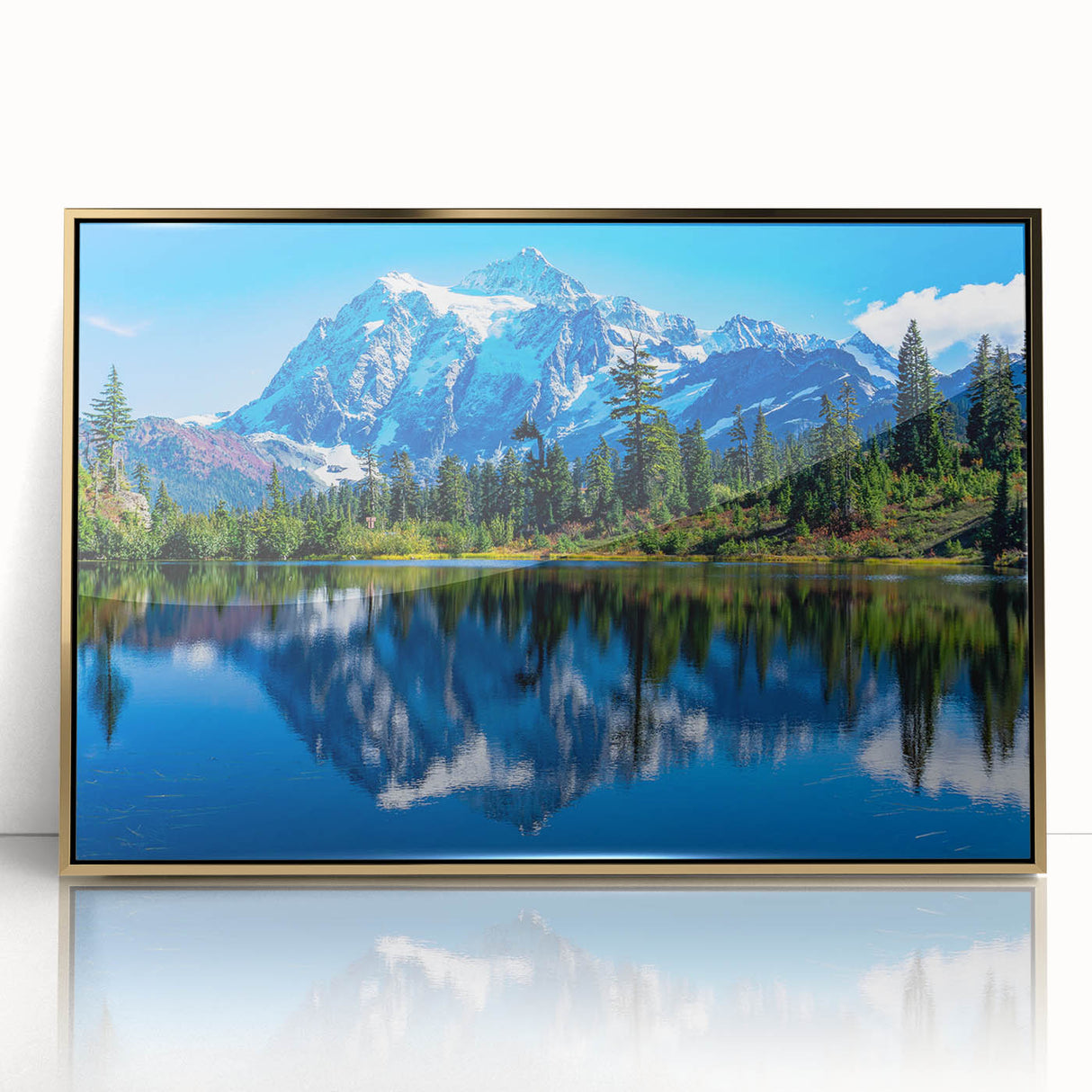 Acrylic print of Glacier National Park with a golden frame, featuring mid-century modernist style.