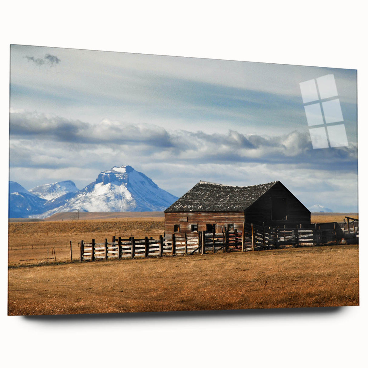 Large abstract wall art of Montana scenery in muted earth tones on acrylic glass, suitable for bedroom or dining room decor.