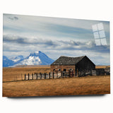 Large abstract wall art of Montana scenery in muted earth tones on acrylic glass, suitable for bedroom or dining room decor.