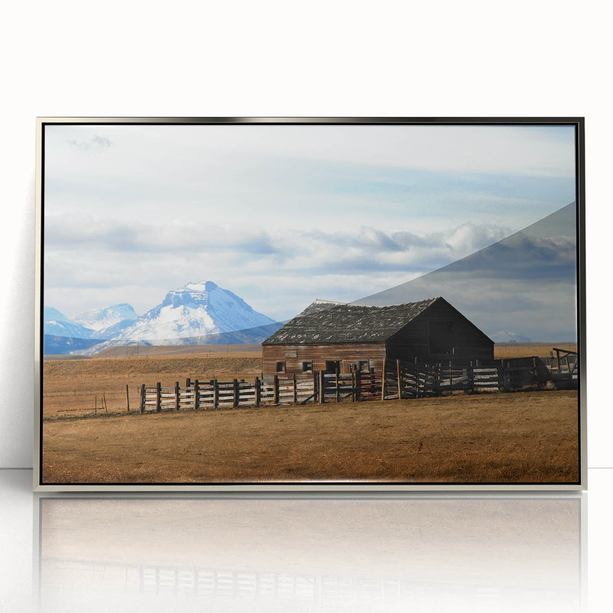 Mid-century modernist art depicting a serene Montana landscape in muted earth tones, framed acrylic.