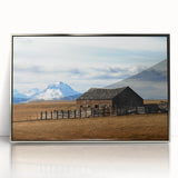 Mid-century modernist art depicting a serene Montana landscape in muted earth tones, framed acrylic.