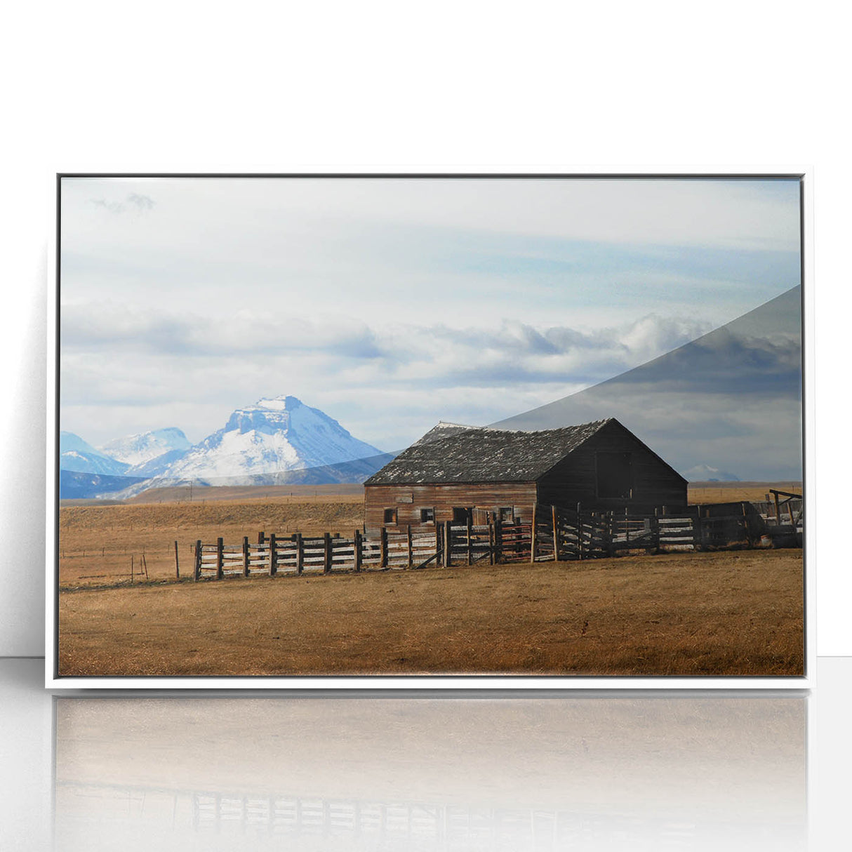 Acrylic print of a serene Montana landscape in muted earth tones, framed in white.