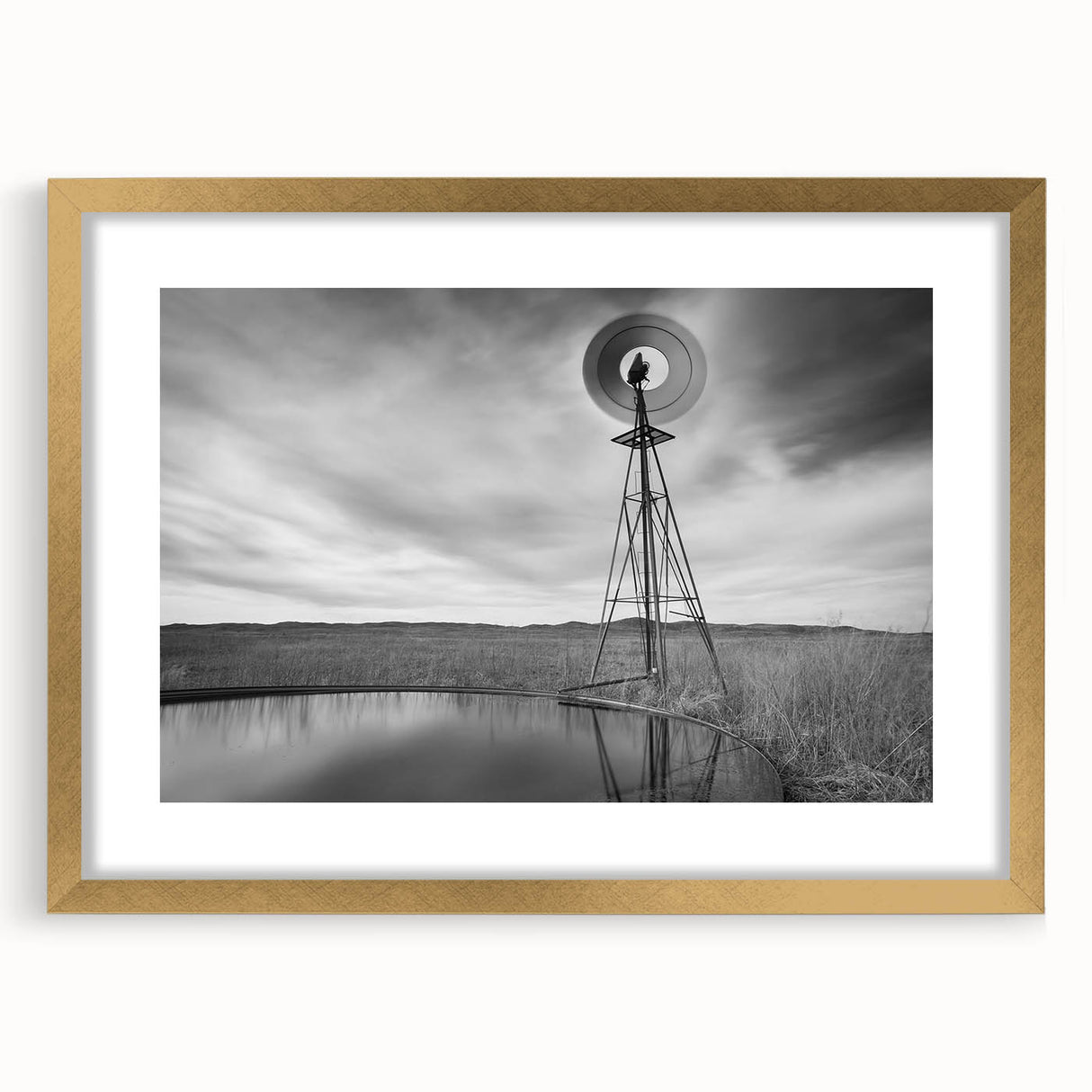 Extra large abstract art print of Nebraska scenery in textured style, framed in gold, ideal for living room decor.