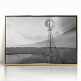 Large art print of a Nebraska landscape in muted earth tones, framed in acrylic with a mid-century modernist style.