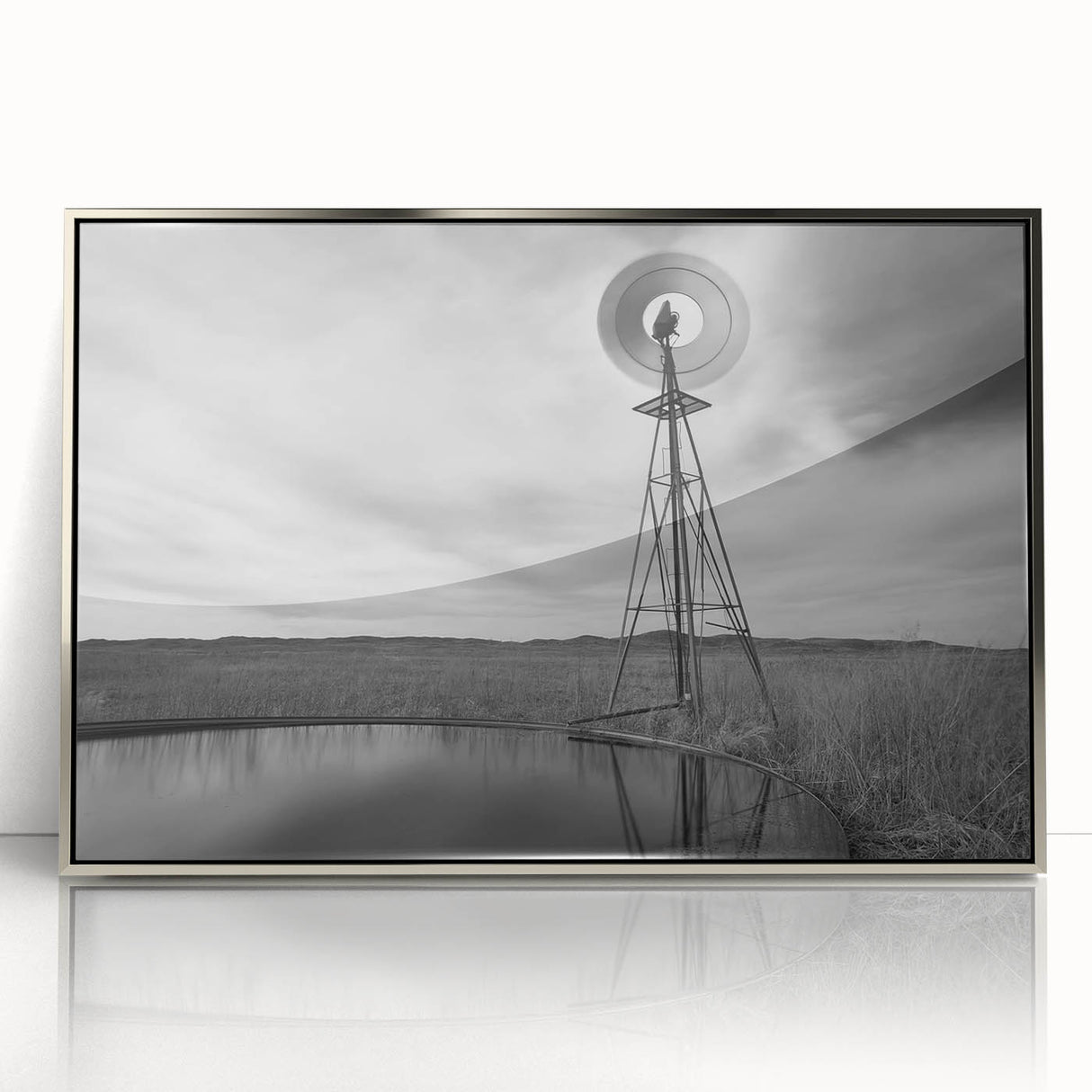 Mid-century modernist art depicting Nebraska scenery in muted earth tones on a framed acrylic print.
