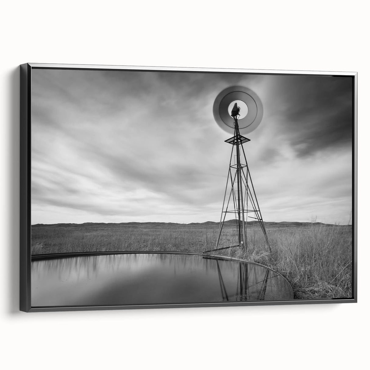 Black and white framed canvas of Nebraska landscape, ideal for bedroom wall art.