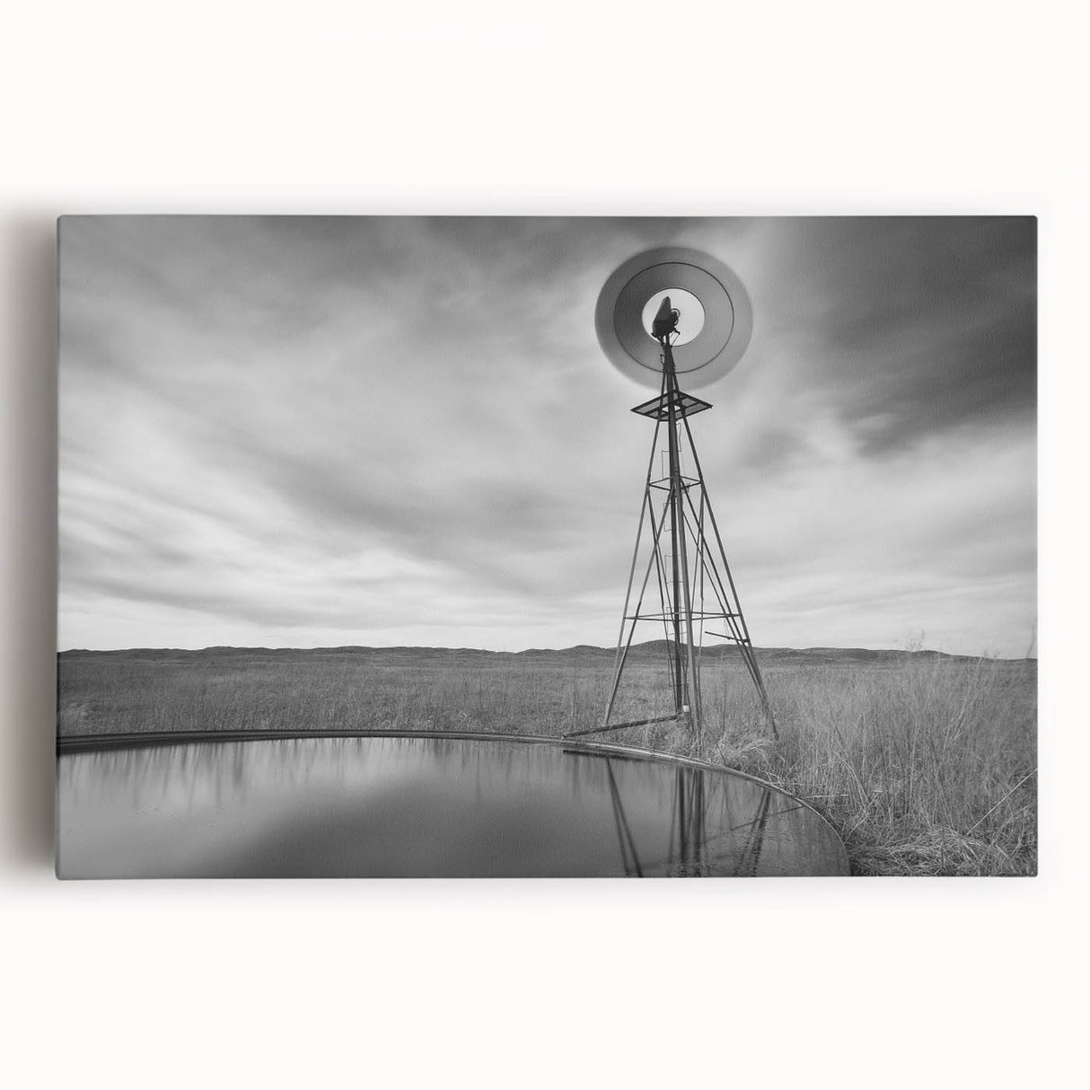 Black and white stretched canvas depicting a serene Nebraska landscape, ideal for kitchen wall art or bedroom decor.