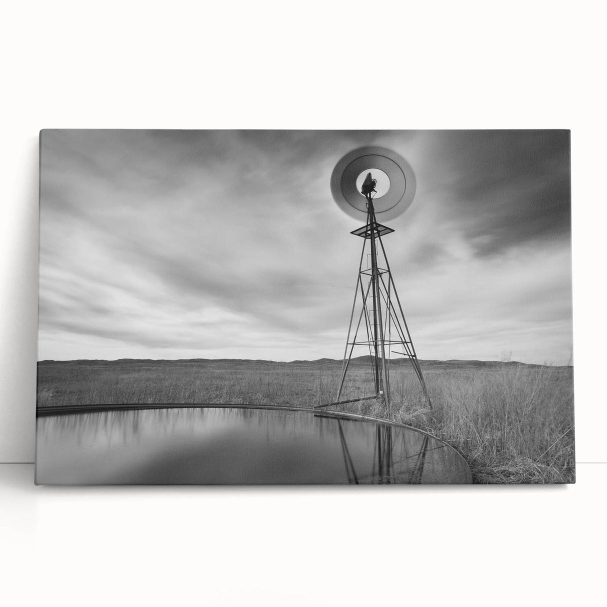 Large art of Nebraska landscape in black and white on stretched canvas, suitable for bedroom wall decor.
