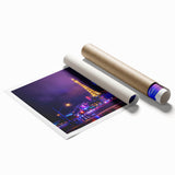 Extra large rolled print of Las Vegas scenery with vivid neon colors, ideal for classy bathroom wall art.