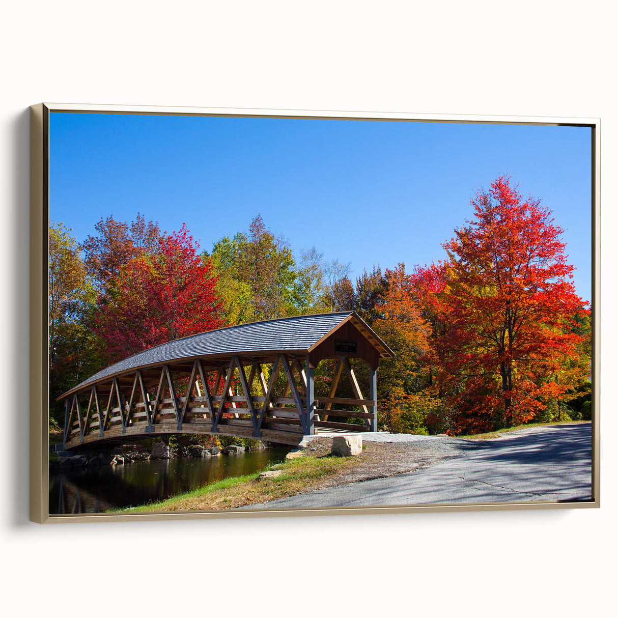 Framed canvas depicting a serene New Hampshire landscape in muted earth tones, ideal for bedroom wall art.