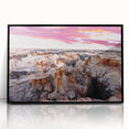 Large abstract wall art depicting a New Mexico landscape in muted earth tones, framed in black acrylic.