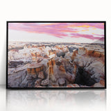 Large abstract wall art depicting a New Mexico landscape in muted earth tones, framed in black acrylic.