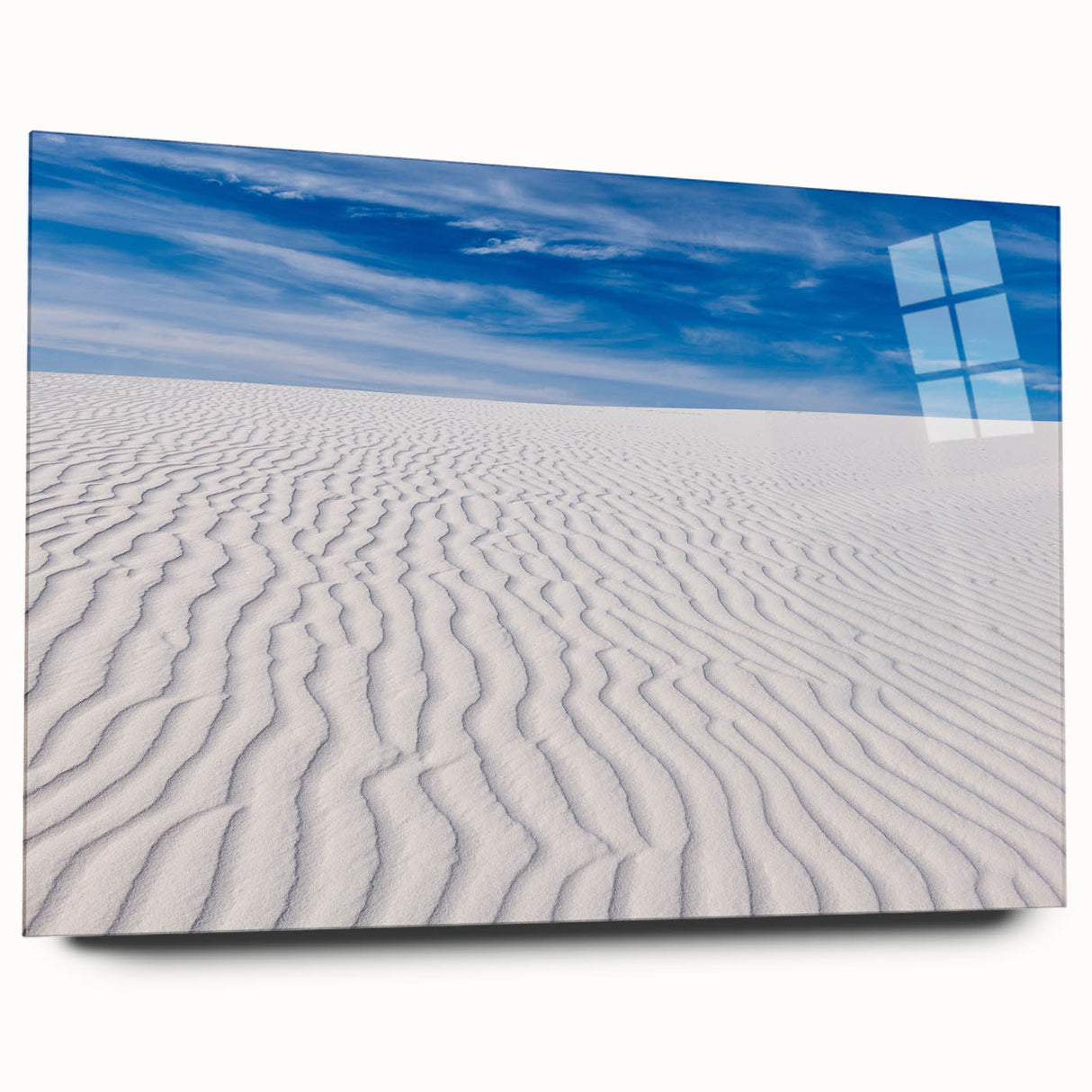 Large abstract depiction of White Sands in New Mexico on acrylic glass, with a soft blue and white color palette.