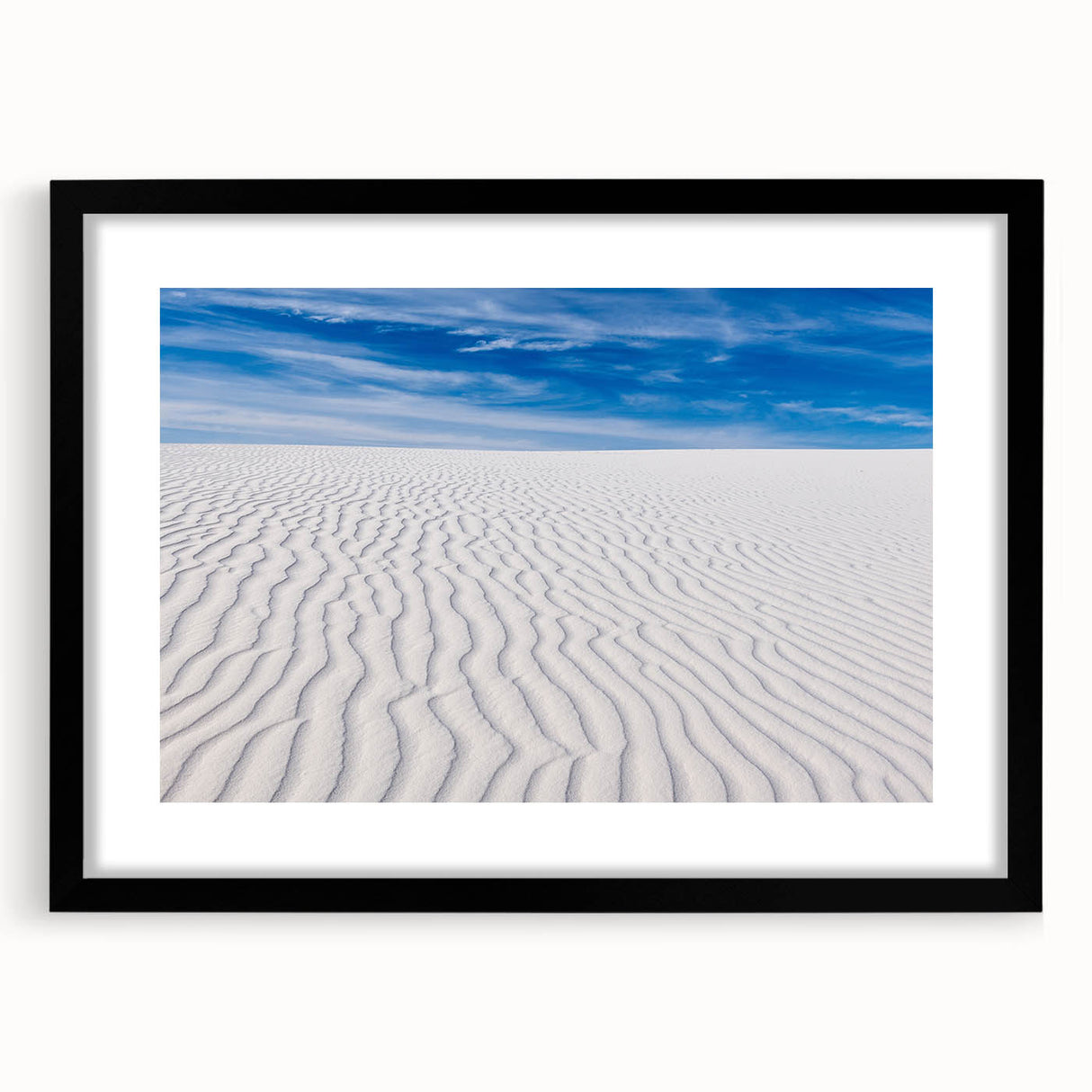 Abstract art print of White Sands, New Mexico, with textured strokes in vibrant hues on a large black-framed canvas.