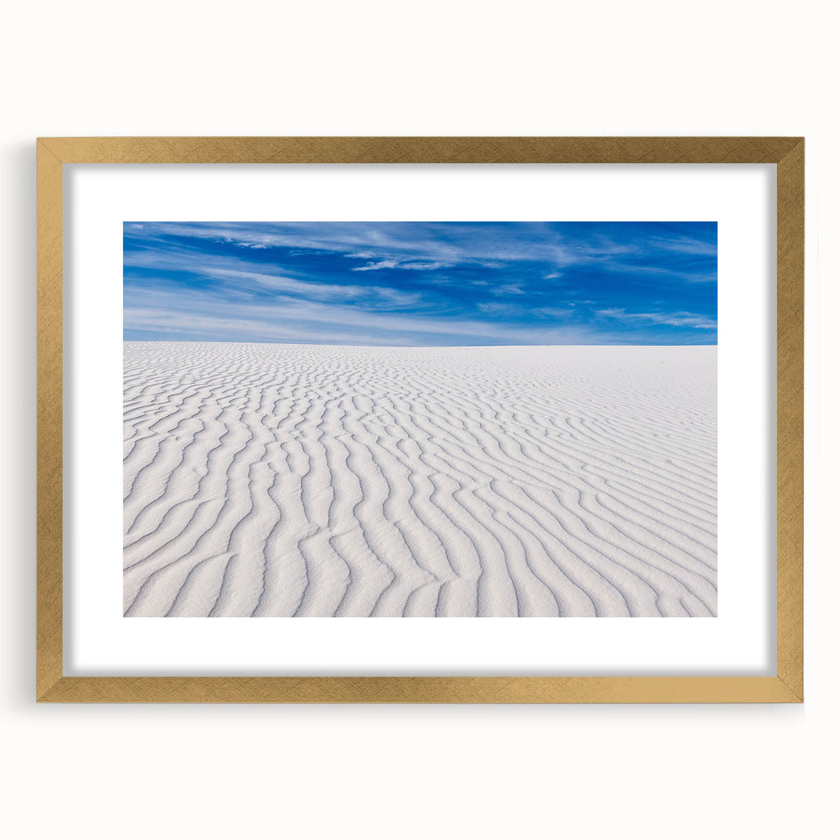 Extra large abstract art print of White Sands, New Mexico, featuring textured swirls in soft beige on a gold-framed canvas.