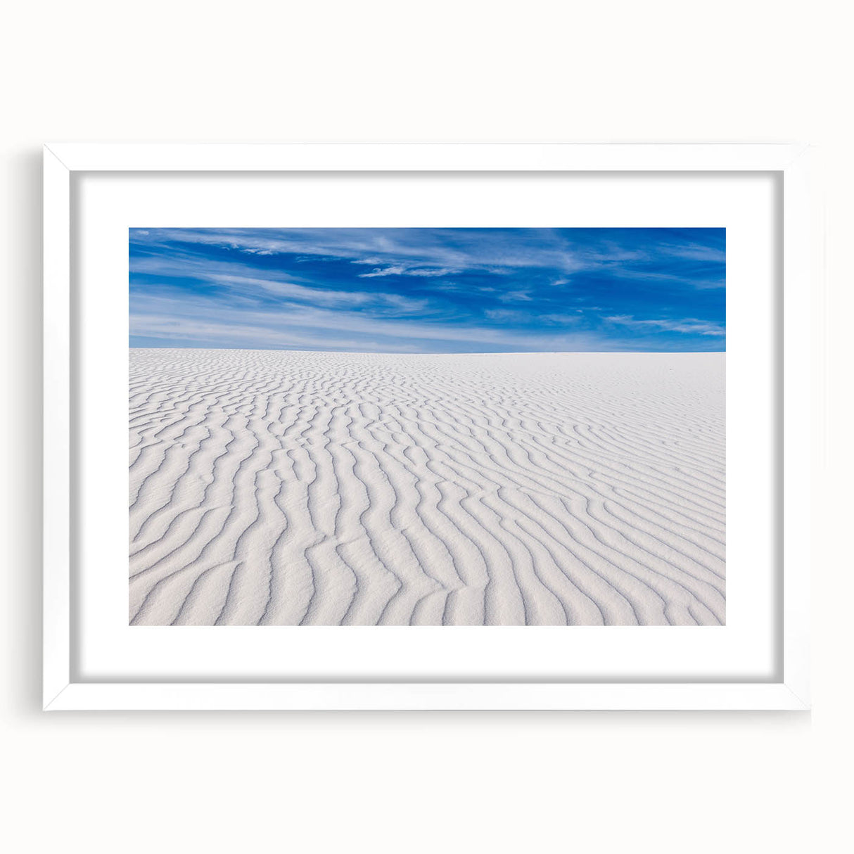 Abstract art print of White Sands, New Mexico, in muted beige tones on a framed canvas, ideal for dining room decor.