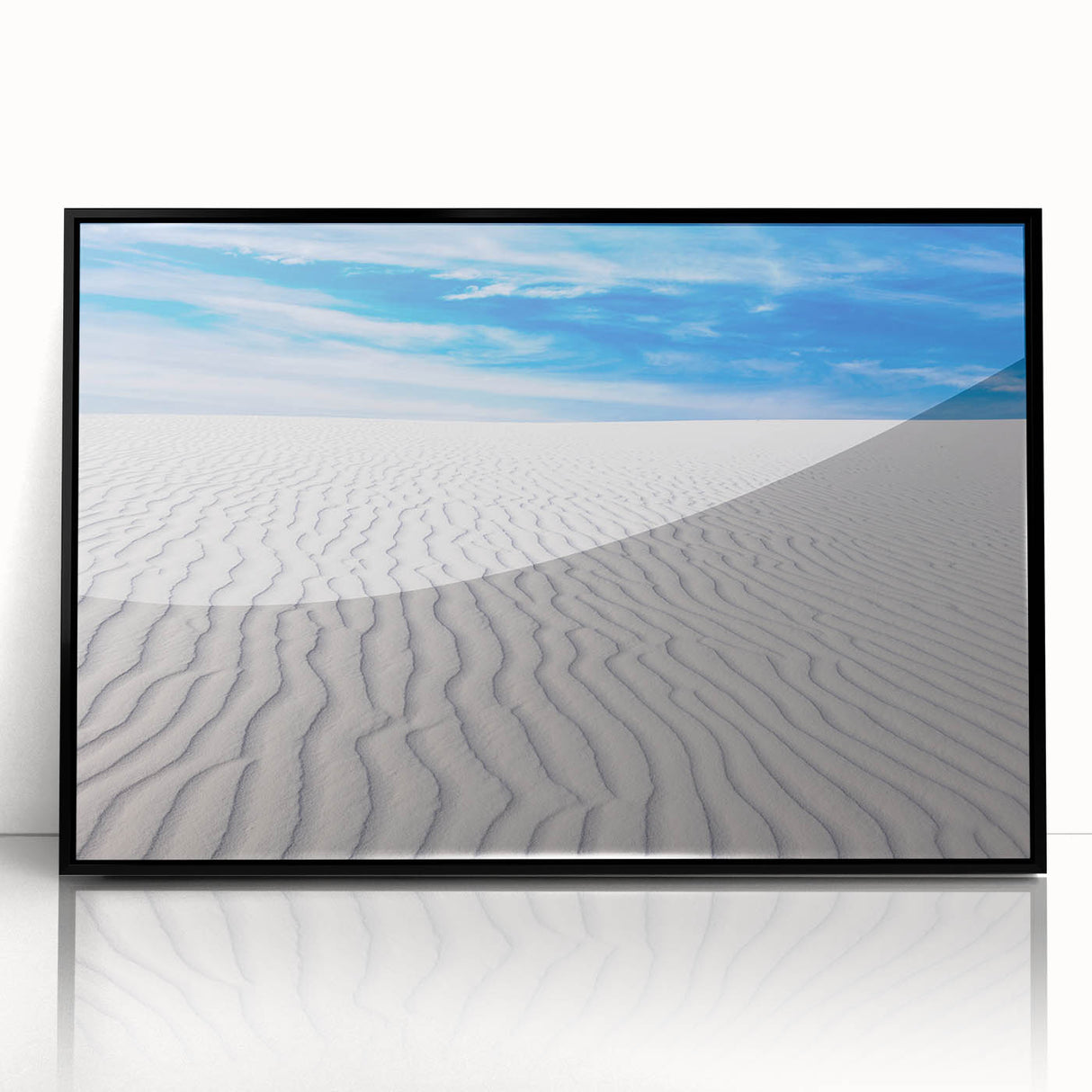 Large abstract wall art depicting the White Sands in New Mexico, framed in black acrylic, featuring soft pastel hues.