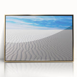 Acrylic print of White Sands, New Mexico with soft beige and blue tones in a mid-century modernist style.