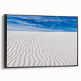 Black and white wall art featuring a minimalist landscape of New Mexico's White Sands on framed canvas.