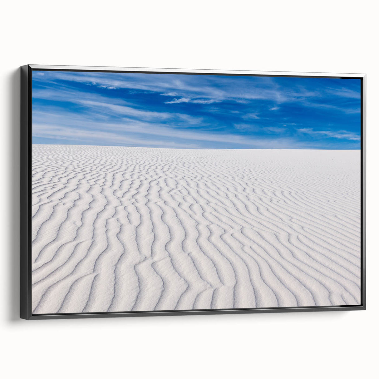 Black and white wall art featuring a minimalist landscape of New Mexico's White Sands on framed canvas.