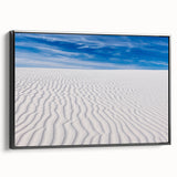 Black and white wall art featuring a minimalist landscape of New Mexico's White Sands on framed canvas.