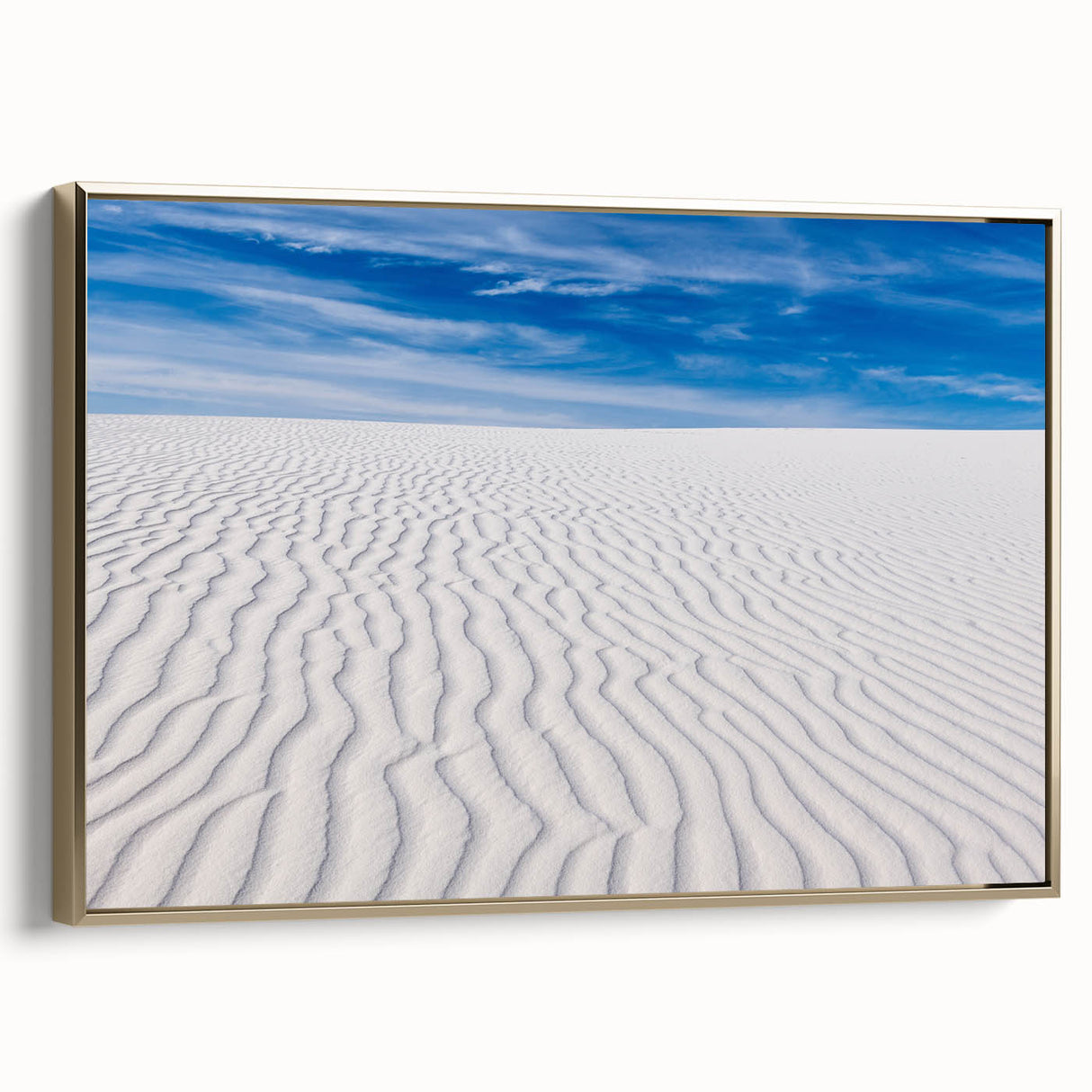 Framed canvas of White Sands, New Mexico landscape in muted earth tones, suitable as wall art for bedroom.