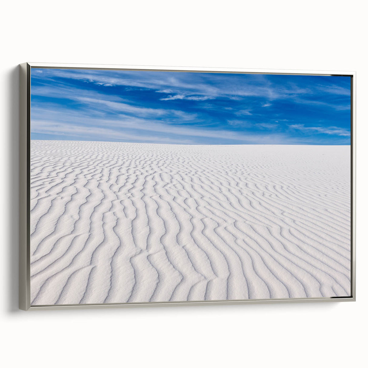 Framed canvas landscape art painting featuring the White Sands of New Mexico in muted gray and silver tones.