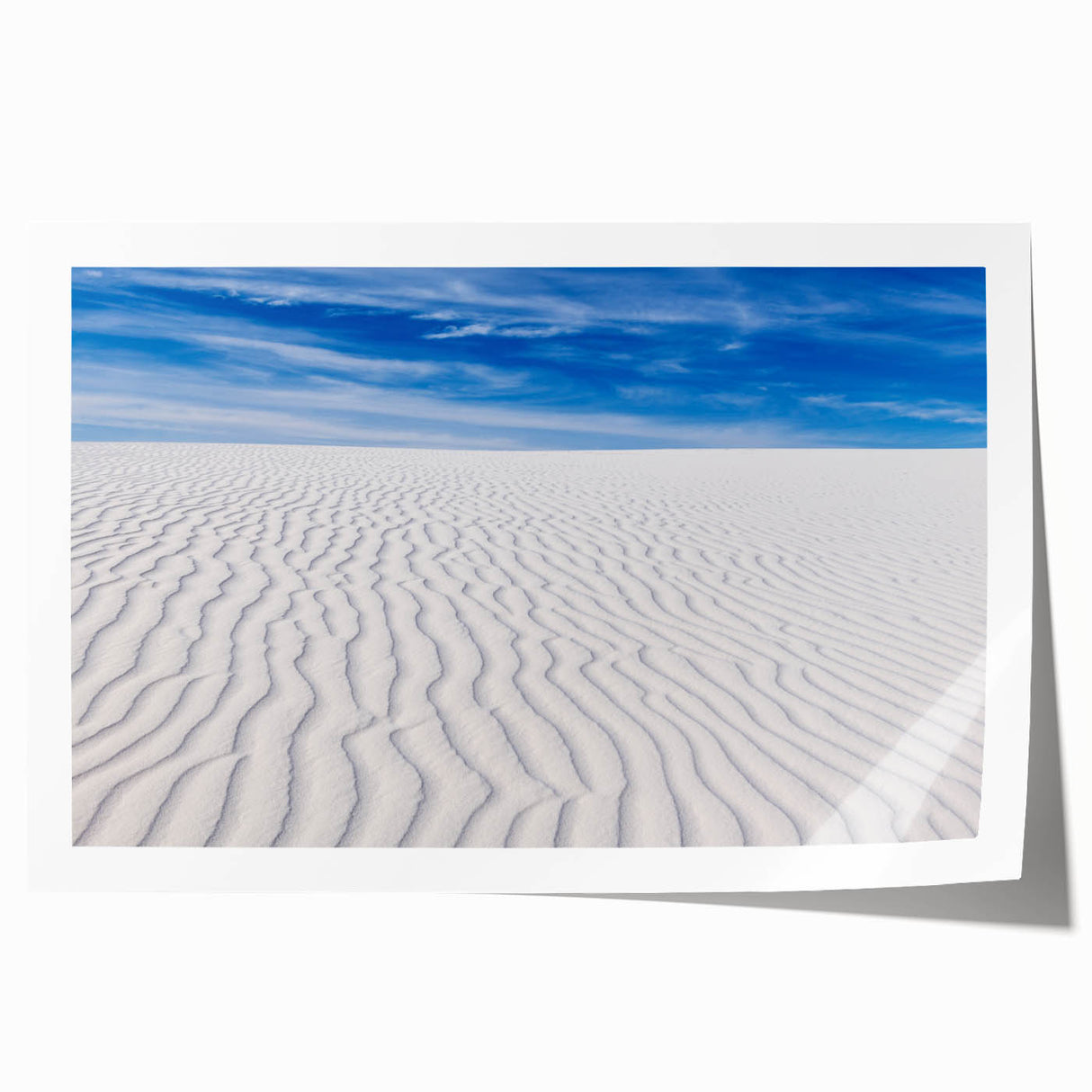 White Sands National Park scene in pastel blues and creams on a rolled canvas, suited for art wall dining room.