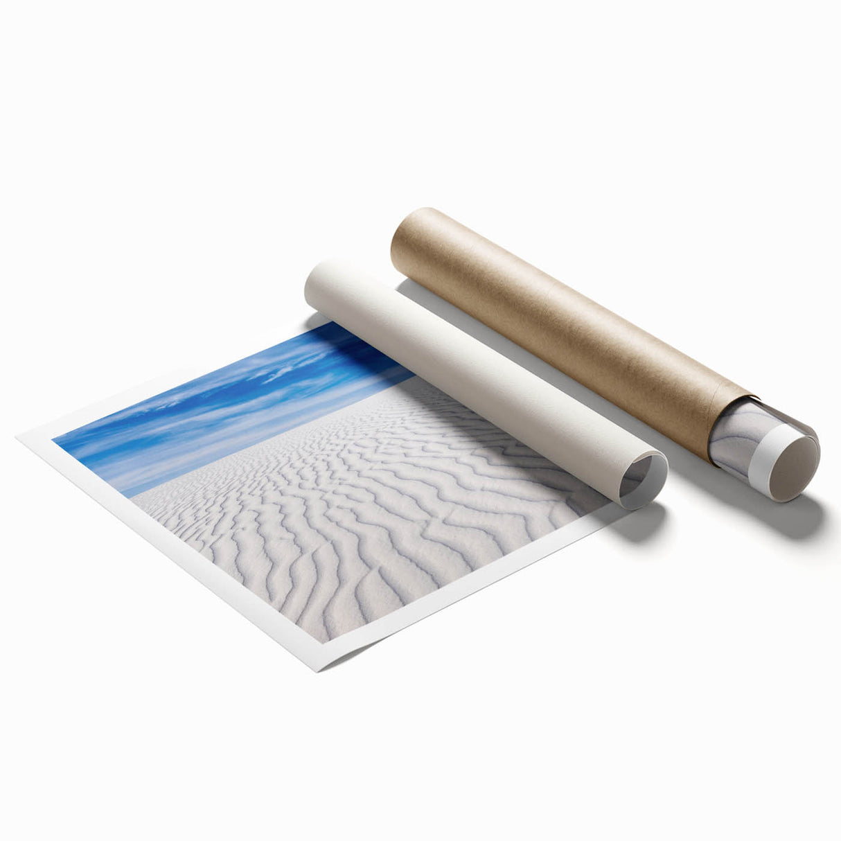 White Sands National Park landscape on rolled print, featuring soft pastel hues, ideal for classy bathroom wall art.