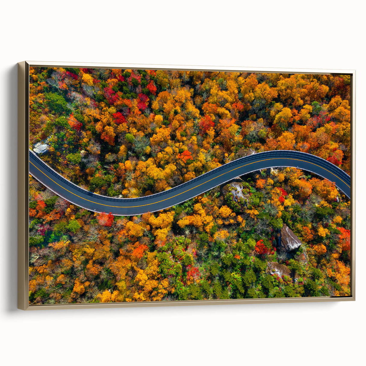 Framed canvas depicting a Blue Ridge landscape in muted blue tones, ideal for bedroom wall art.